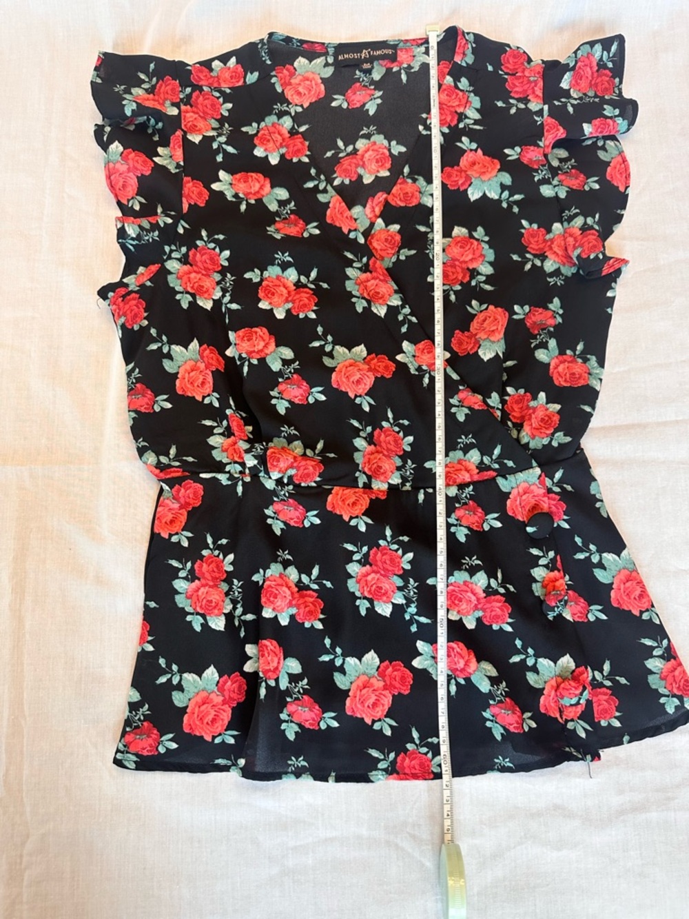 Spring Floral Ruffle Peplum Top - Black with Red Roses